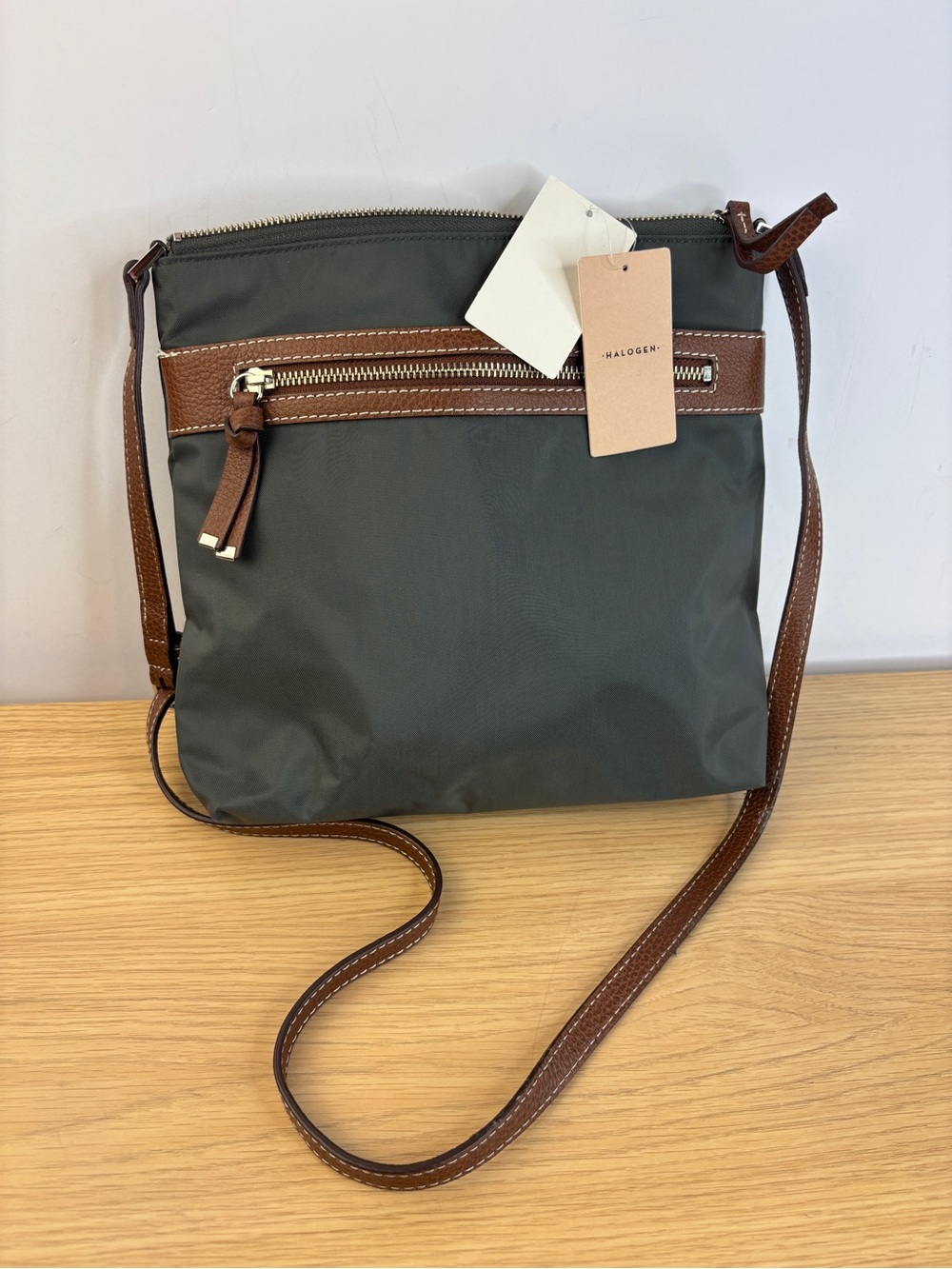 Halogen Dark Green Nylon Crossbody with Brown Trim and Strap NWT